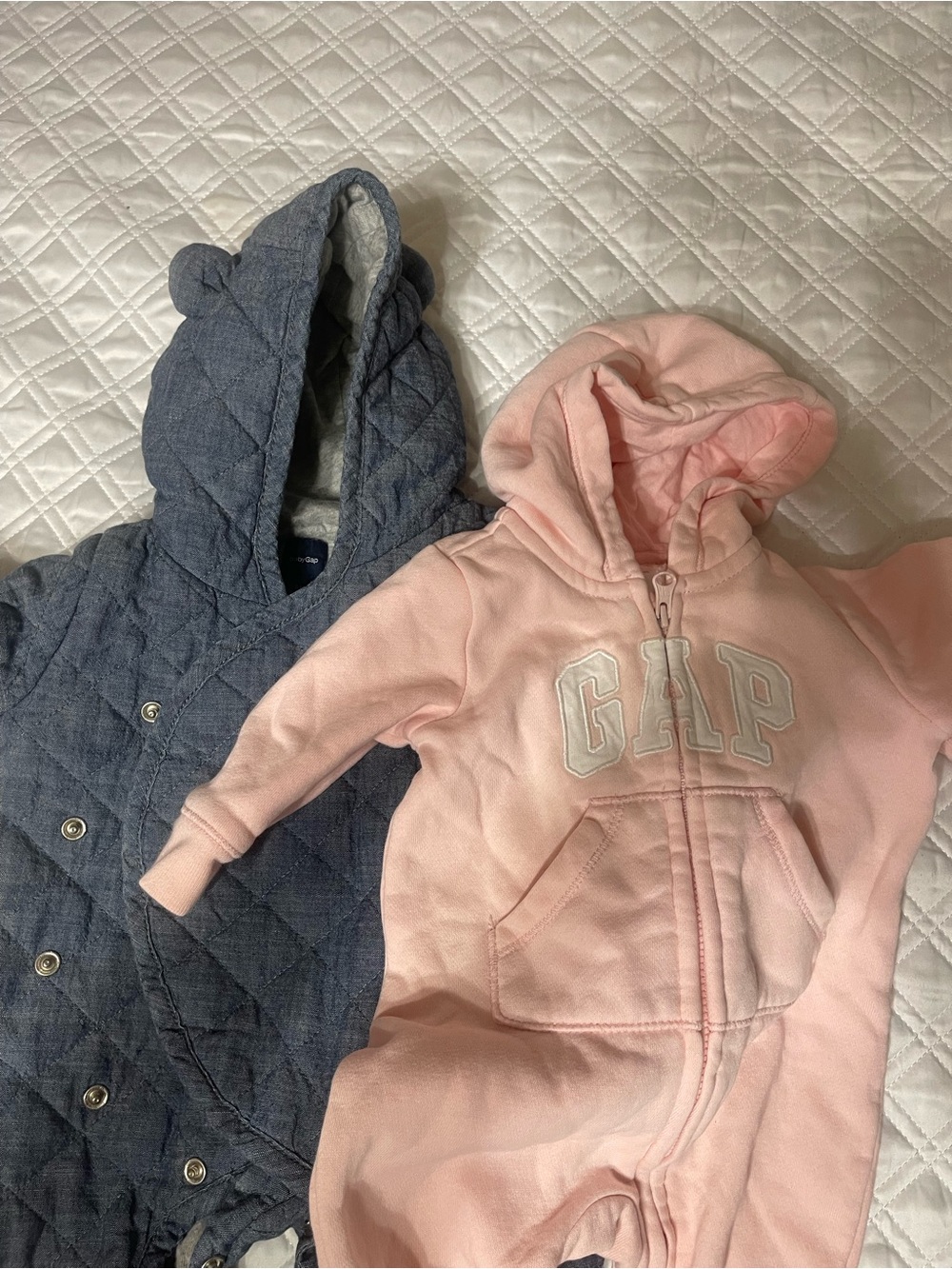 Bundle GAP Pink Hooded Zip Romper with Gray Quilted Jacket